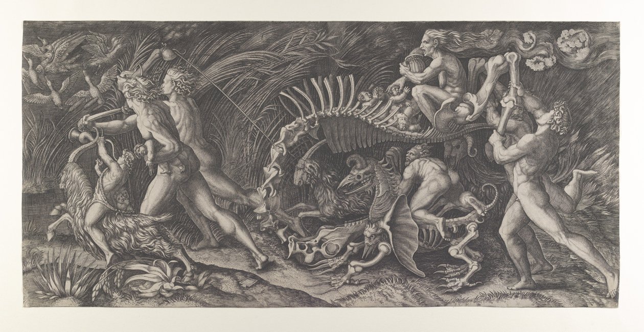 Lo Stregozzo: en kvinnlig häxa som rider på ett djurskelett, föregås av två män och ..., ca. 1515-25. av Agostino Veneziano