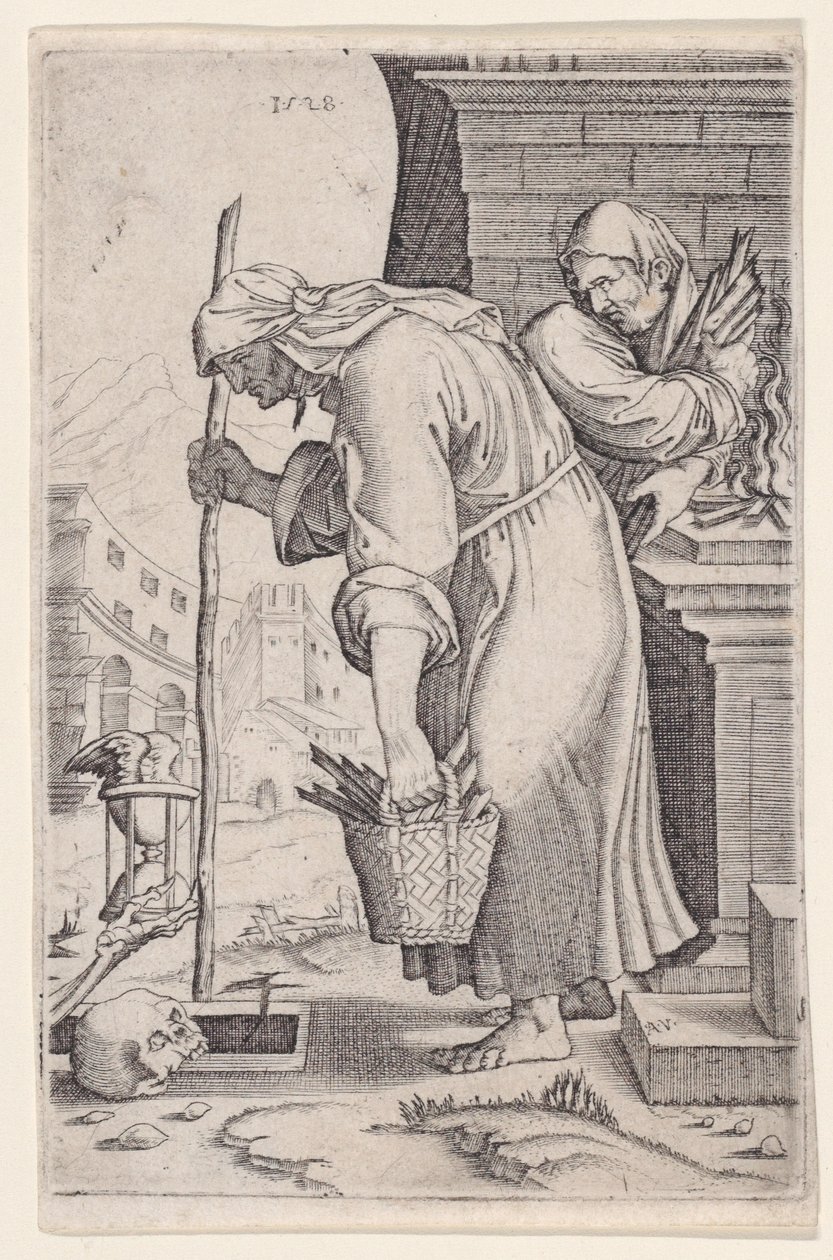Gammal kvinna närmar sig graven, daterad 1528. av Agostino Veneziano