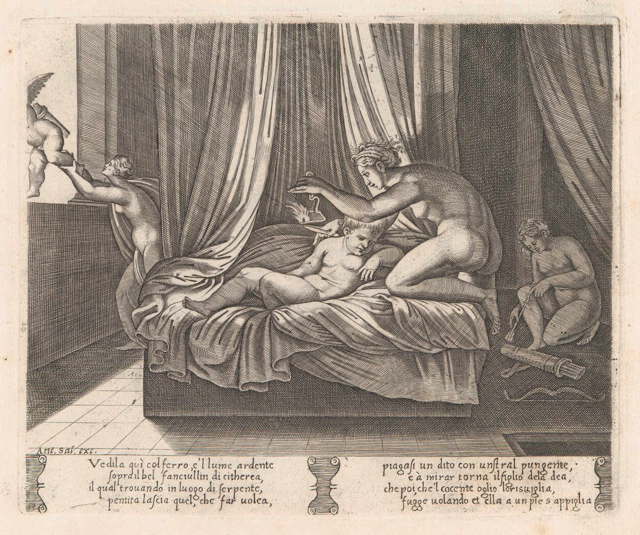 Platta 13: Psyche tittar på Amor, från berättelsen om Amor och Psyche som berättas av Apulei..., 1530-60. av Agostino Veneziano