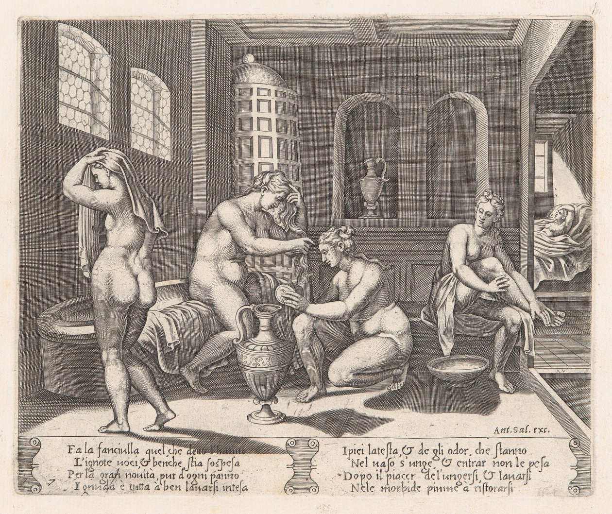 Platta 7: Psyche deltog i hennes bad, från historien om Amor och Psyche som berättas av Apu..., 1530-60. av Agostino Veneziano