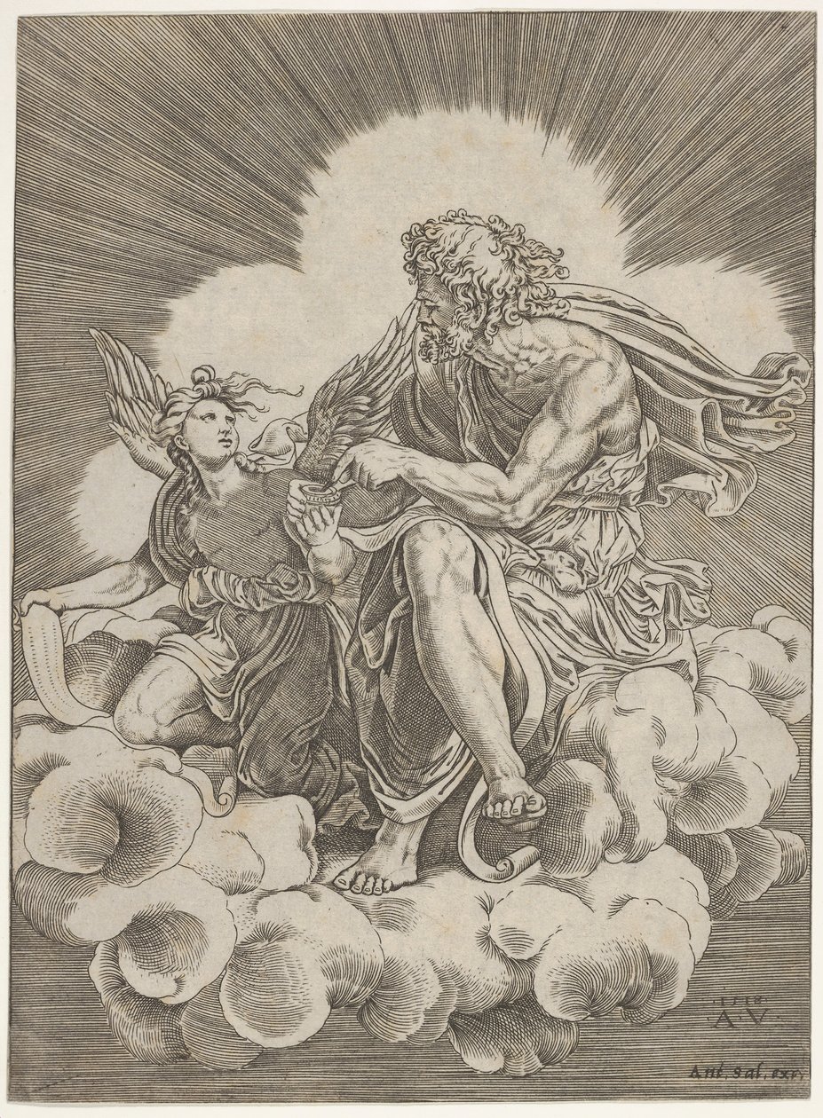 St. Matteus, sittande på ett moln och doppa en penna i ett bläckhus som hålls av en ängel..., ca. 1518-20. av Agostino Veneziano