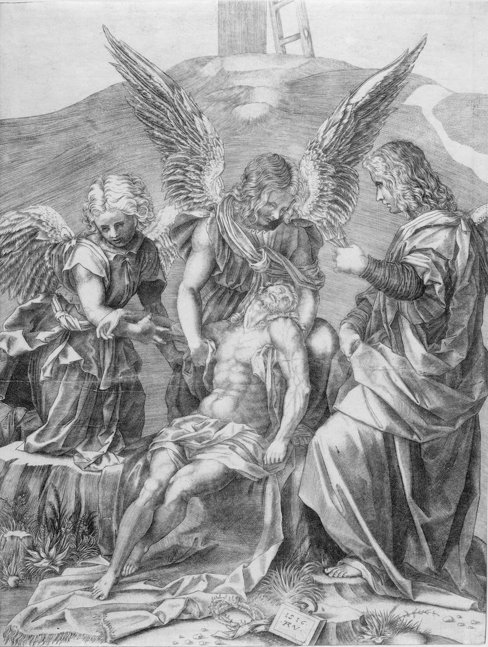 Kristi kropp stödd av tre änglar, 1516. av Agostino Veneziano