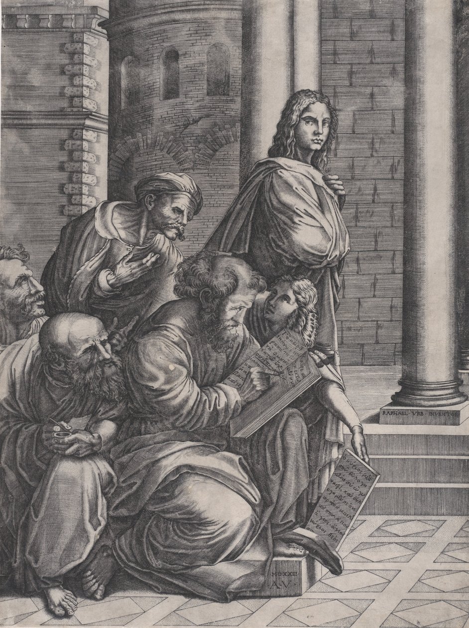 Gruppen från Rafaels skola i Aten, daterad 1523. av Agostino Veneziano