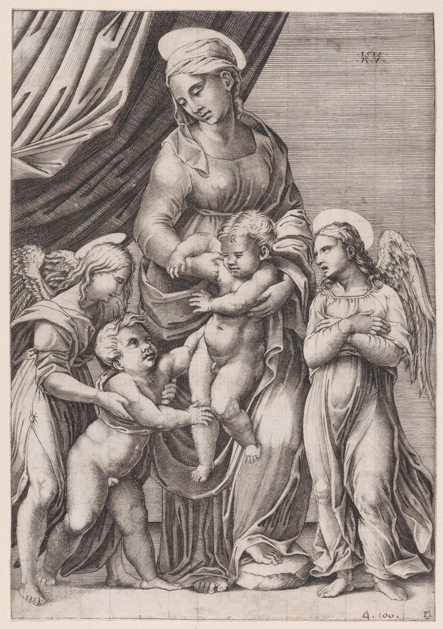 Jungfrun, spädbarnet Kristus, spädbarnet Sankt Johannes och två änglar, daterad 1516. av Agostino Veneziano