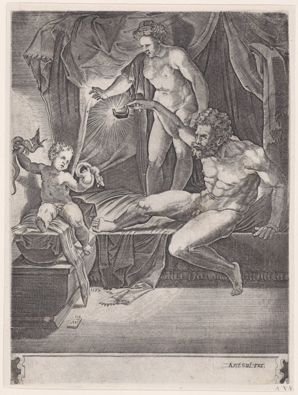 The Young Hercules in His Cradle, daterad 1533. av Agostino Veneziano