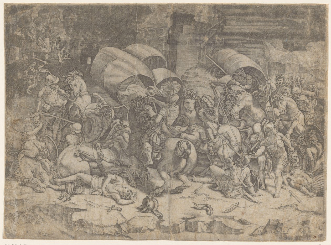 Strid mellan romare och karthager, ca 218-201 f.Kr. Slå till med en snittare av Agostino Veneziano