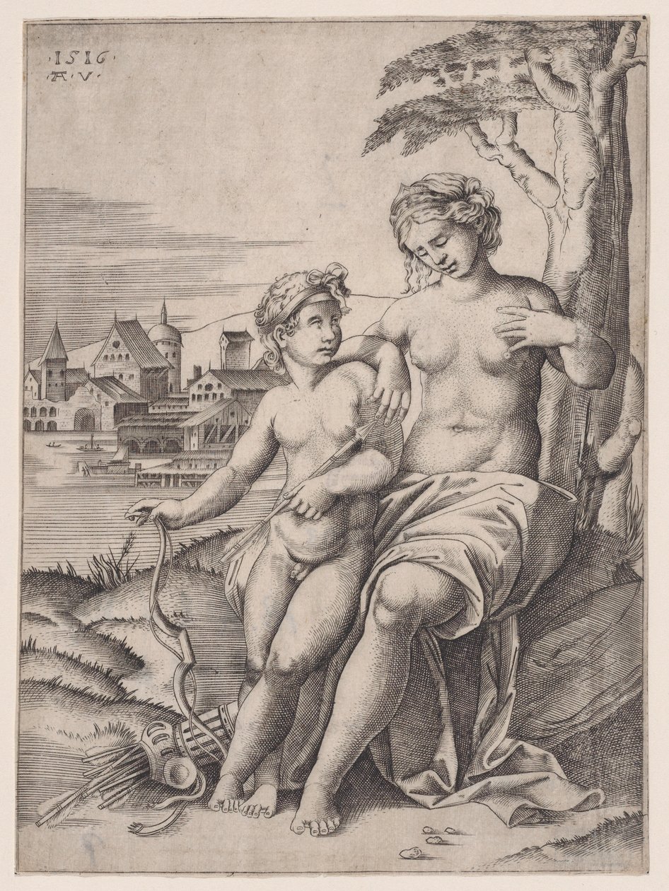 Venus och Eros, daterad 1516. av Agostino Veneziano