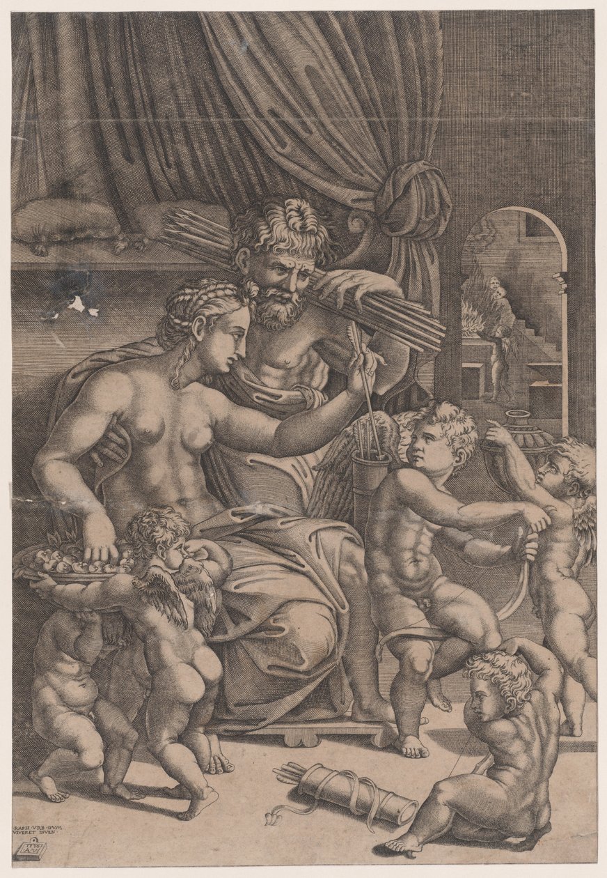 Venus och Vulcan omgiven av amoriner, daterad 1530. av Agostino Veneziano