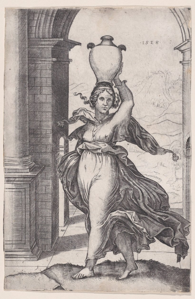 Kvinna som bär en vas på huvudet, daterad 1528., daterad 1528. av Agostino Veneziano