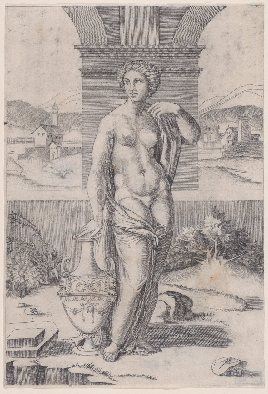 Kvinna som står nära en vas, ca. 1514-36. av Agostino Veneziano