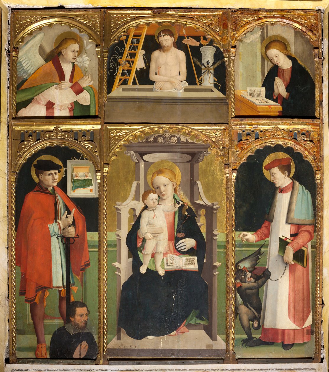 Polyptyk av Madonna med barnet och helgonet Julian och Bernard av Agostino da Casanova