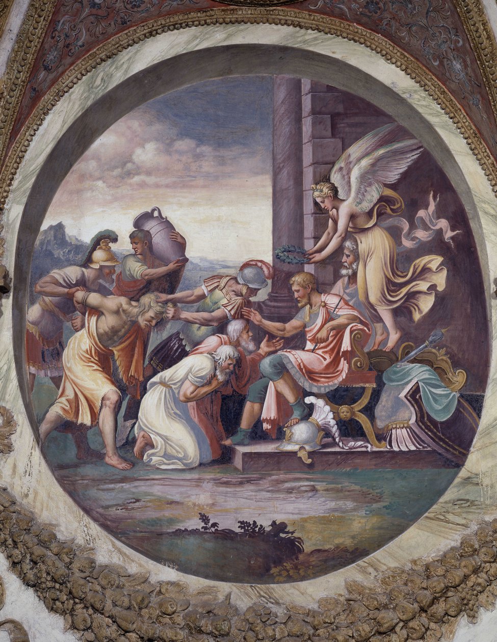Vattumannens tecken (örnens stjärnbild): Triumfscen, krigets stora dygder. Freskomålning av Agostino da Mozzanega (verksam 1527-1539) 1528. Vindarnas (eller zodiakens) hall Palazzo del Te, Mantua (Mantova) av Agostino da Mozzanega
