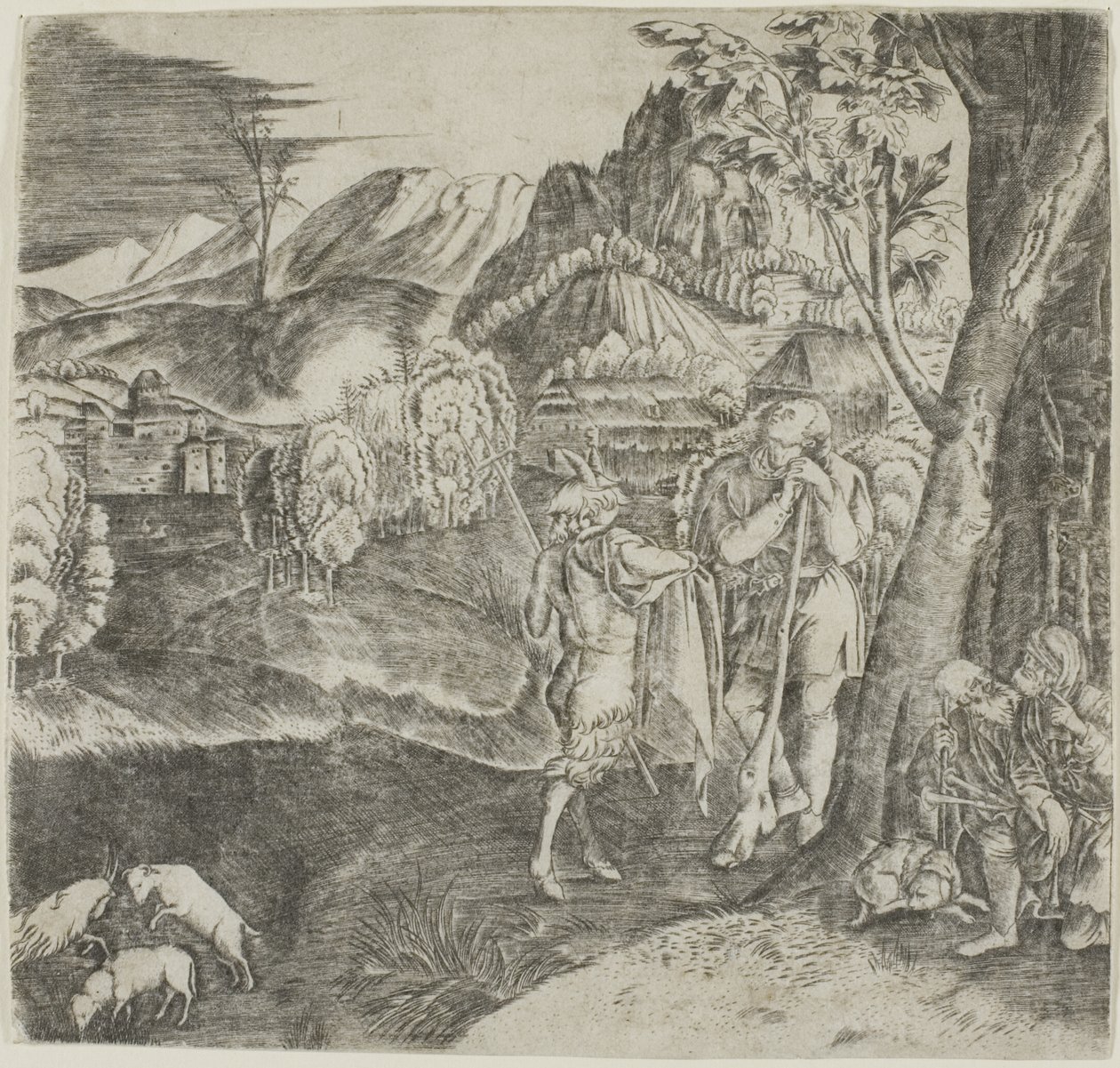 Herdar och satyr i ett landskap av Agostino dei Musi