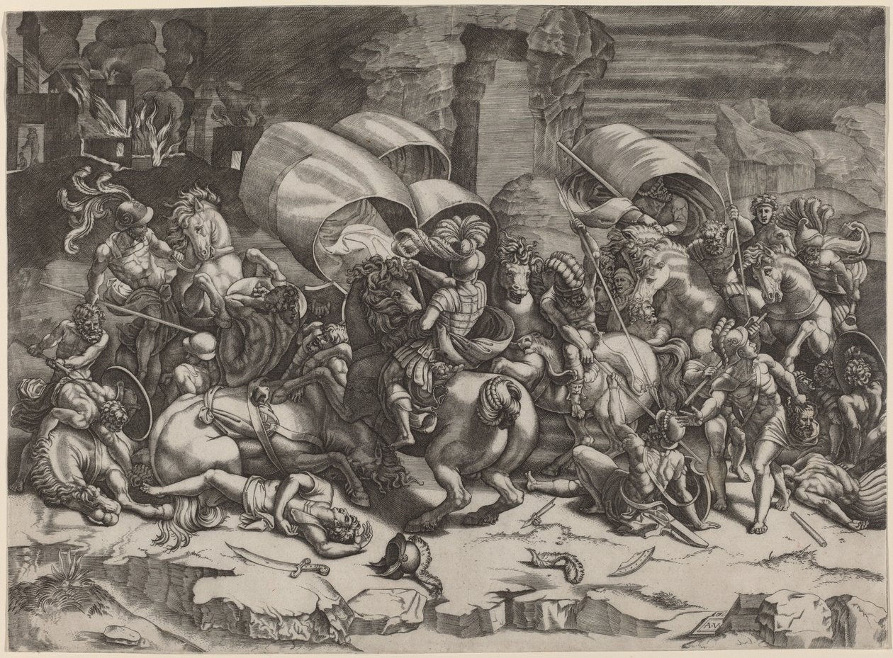 Slaget med Cutlass av Agostino dei Musi, after Giulio Romano