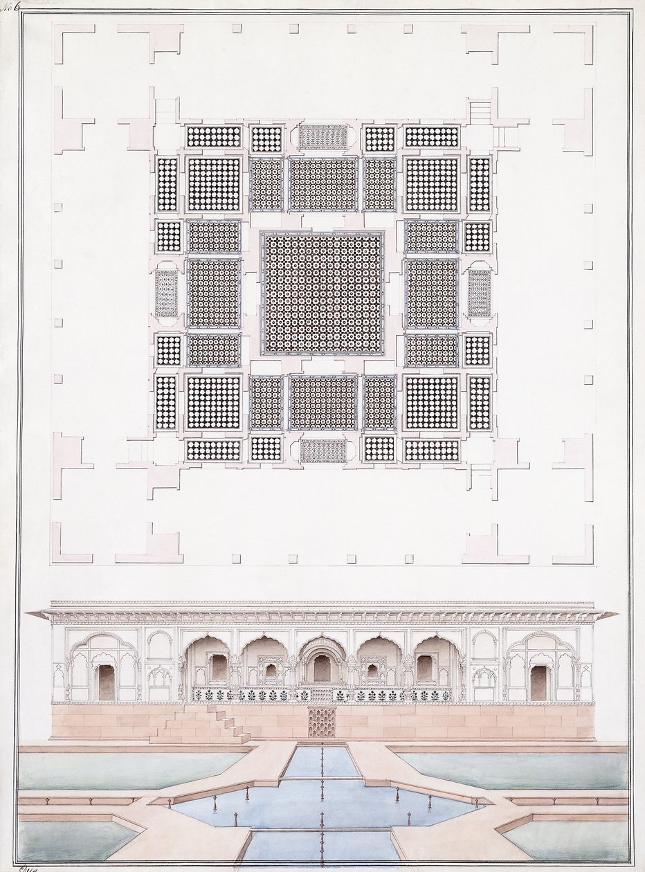 Höjd av sydfronten och trädgårdspalatset i Suraj Bhawan vid Dig, ca 1830 (penna, penna och grått bläck och akvarell) av Agra School