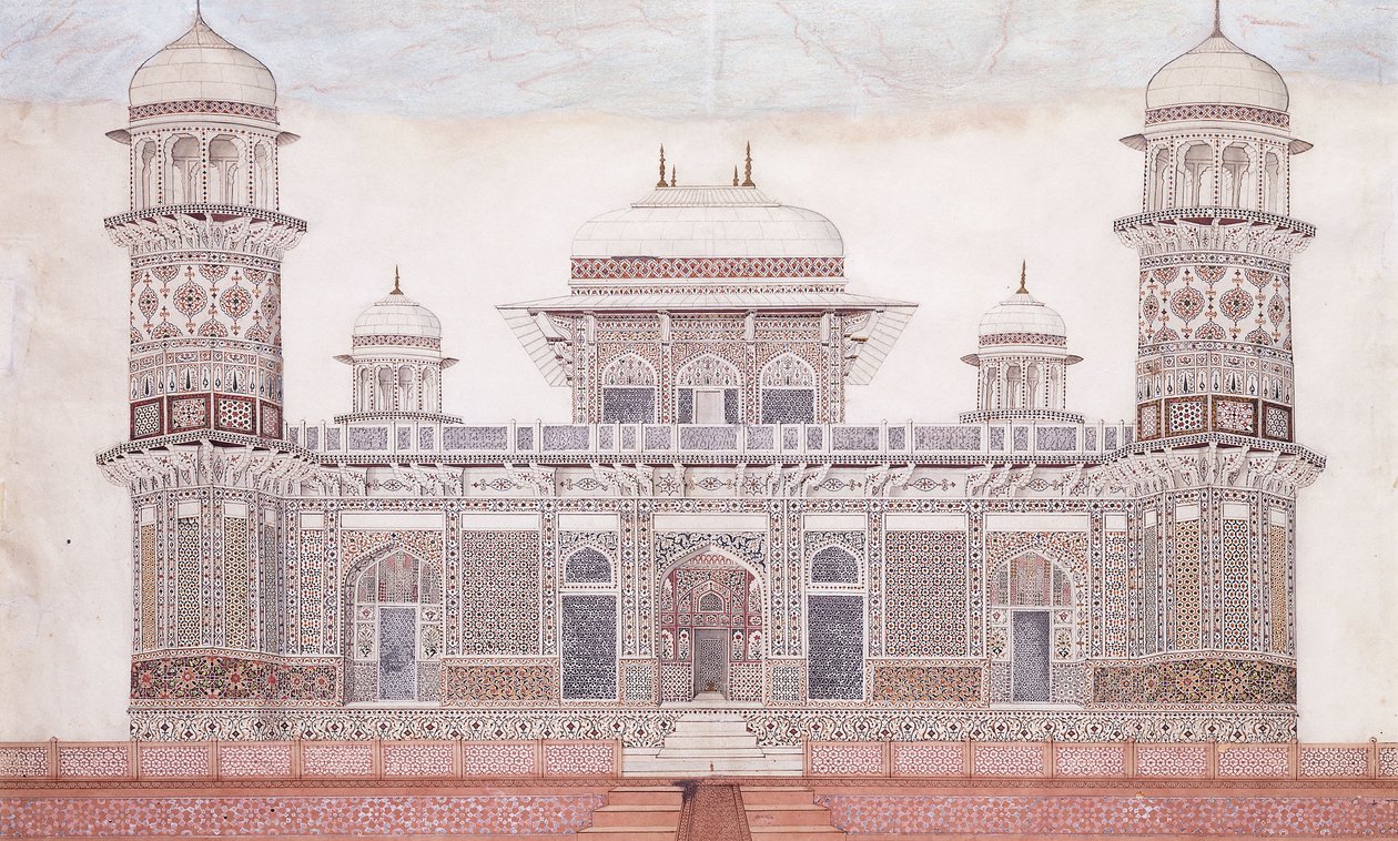 Itmad-ud-daulas grav, ca 1815 (penna, penna och svart bläck, w/c, förhöjd med beröring o) av Agra School