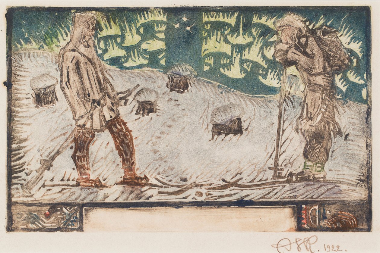 ”Två skidåkare”, titelillustration till en dikt i ”Den stora Kalevala” av Akseli Gallen-Kallela