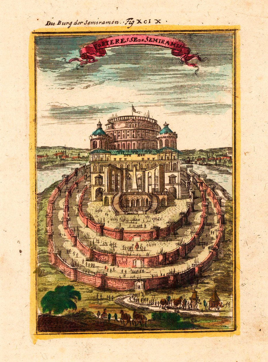 Den legendariska drottningen Semiramis fästning och hängande trädgårdar i Babylon - Semiramis fästning - Koppargravyr och akvarell av Alain Manesson Mallet (1630-1706) av Alain Manesson Mallet