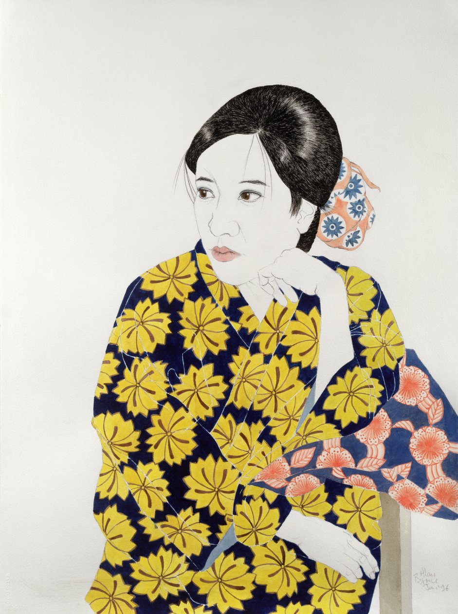 Yellow Kimono, 1996 (bläck, wc, gouache och kol på papper) av Alan Byrne