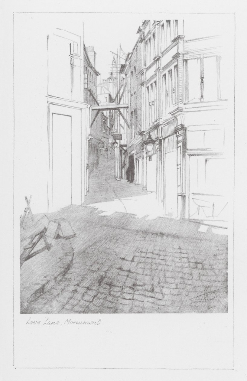 London Lanes: Love Lane, Monument (litografi) av Alan Stapleton