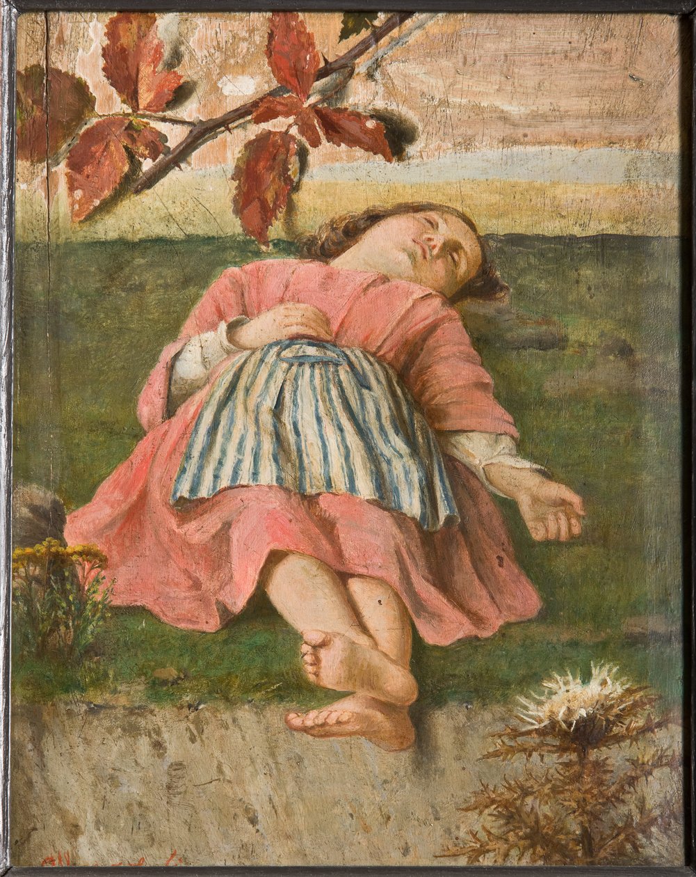 The Sleeping Little Girl (olja på kartong) av Albano Lugli Carpi