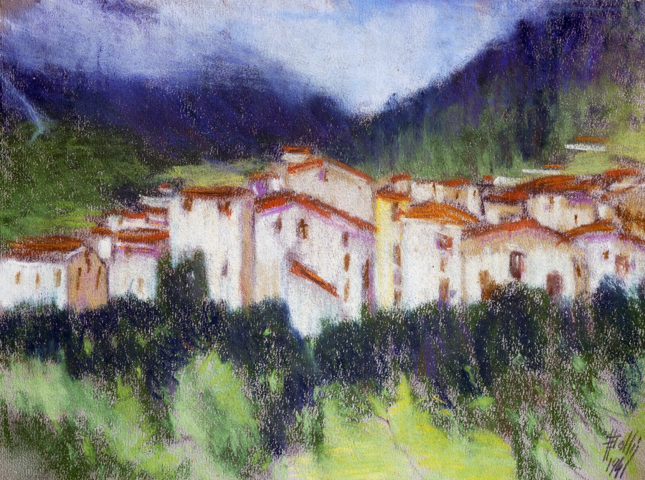 Alplandskap, av Alberico Balbi Valier (1869-1910 cirka), pastell på papper, 24x32 cm. Italien av Alberico Balbi Valier
