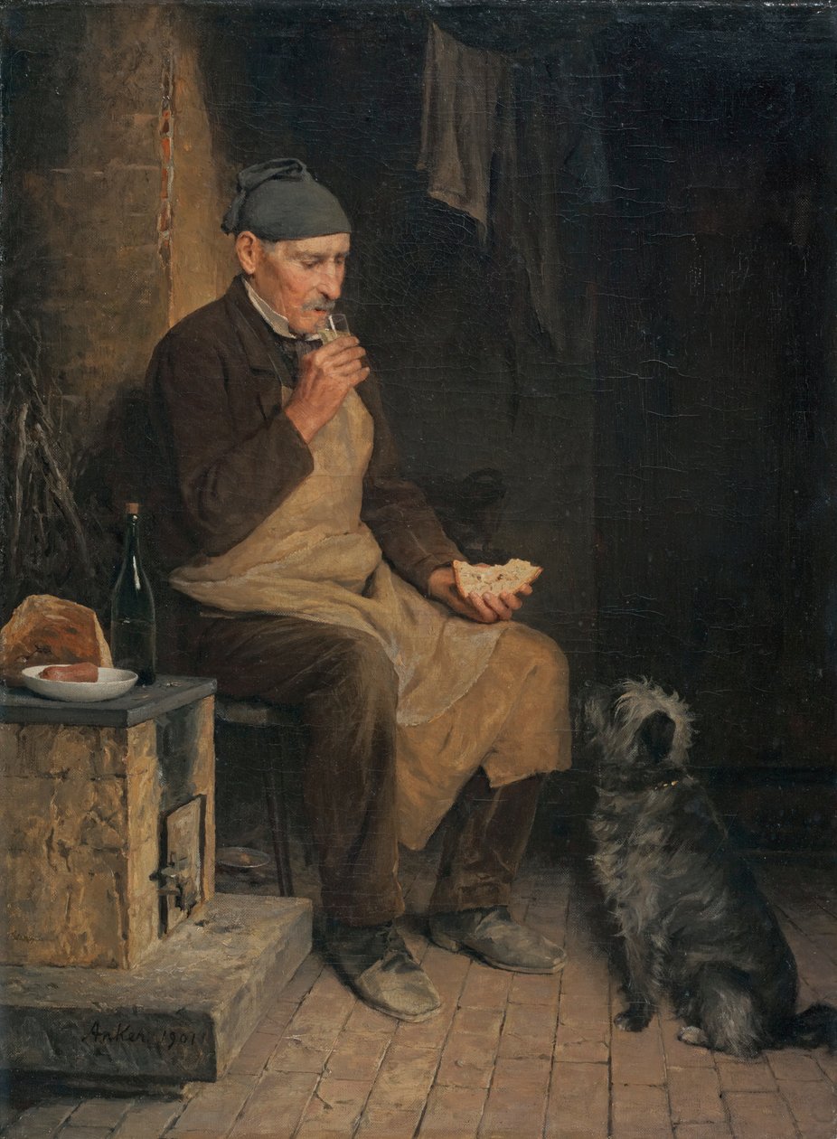 Gubbe vid mellanmål på morgonen av Albert Anker