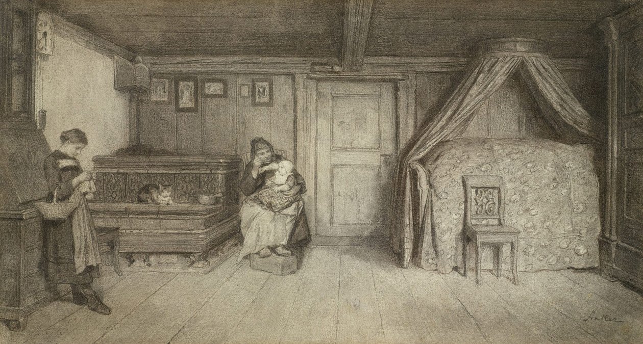 Familienszene in einem Interieur av Albert Anker