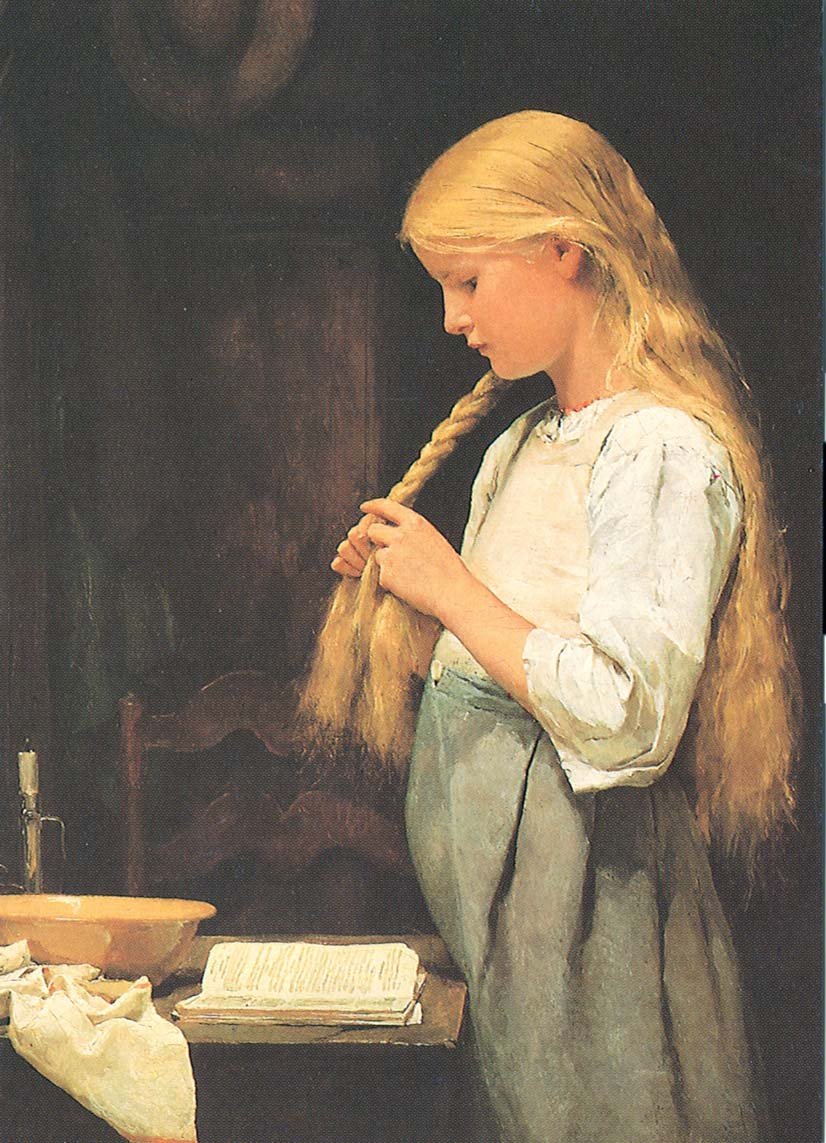 Mädchen, die Haare flechtend av Albert Anker