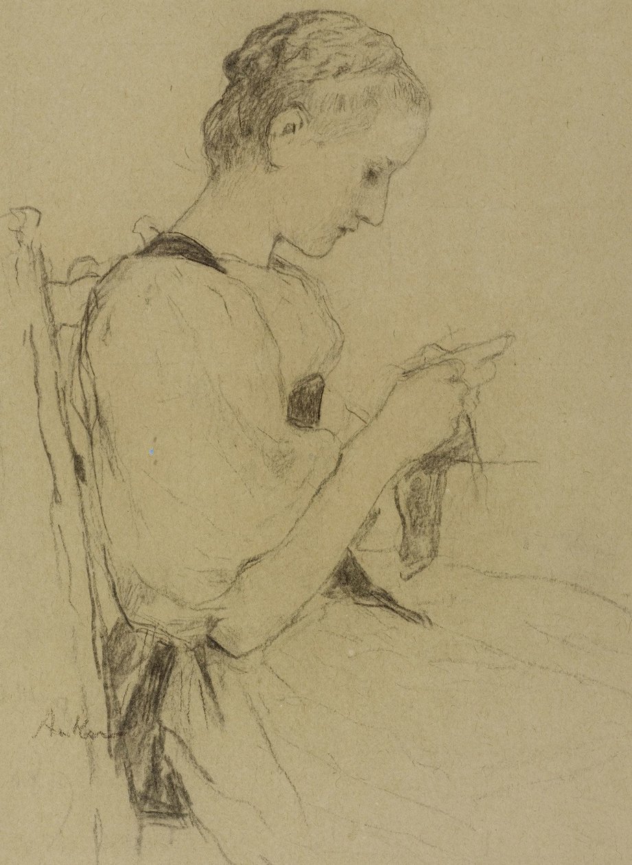 Sitzendes Mädchen beim Stricken av Albert Anker