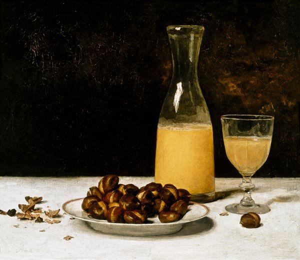 Stillleben mit Wein und Kastanien av Albert Anker