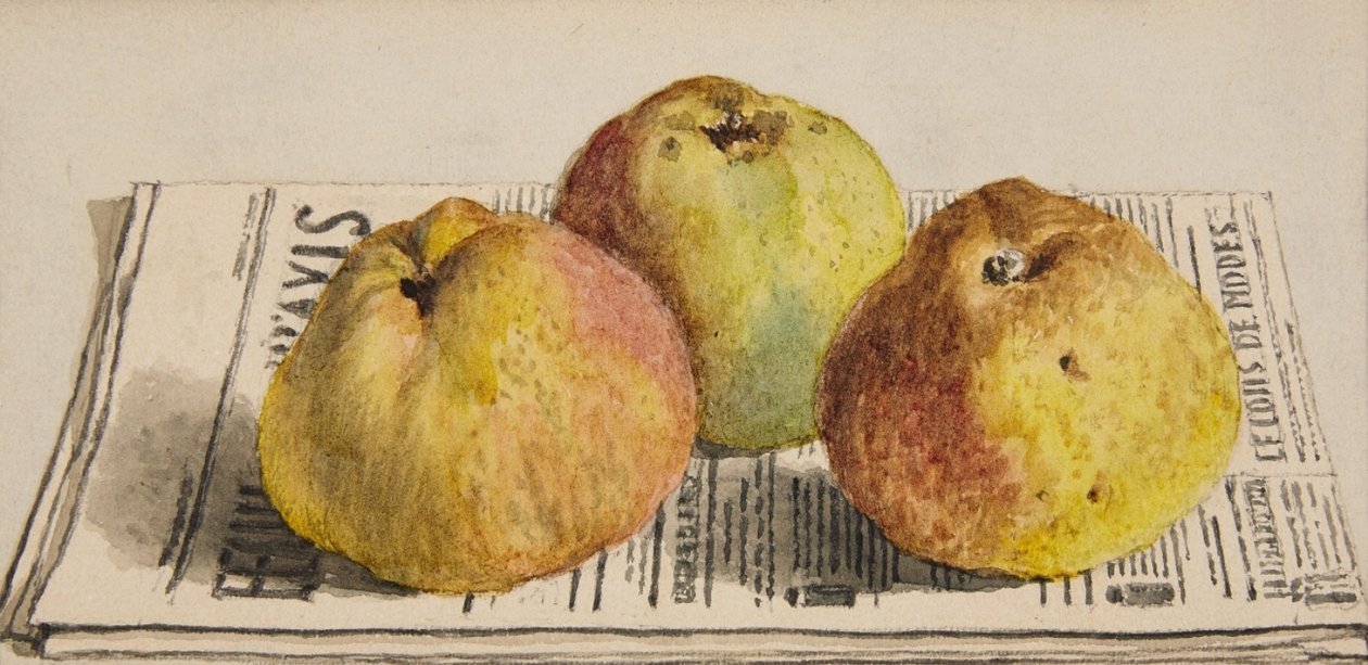 Stillleben mit drei Äpfeln und Zeitung av Albert Anker
