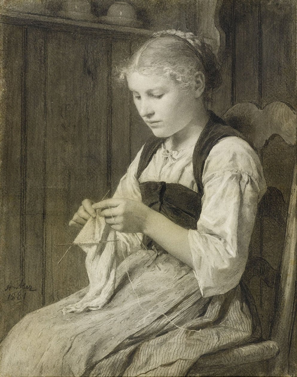 Strickendes Mädchen av Albert Anker
