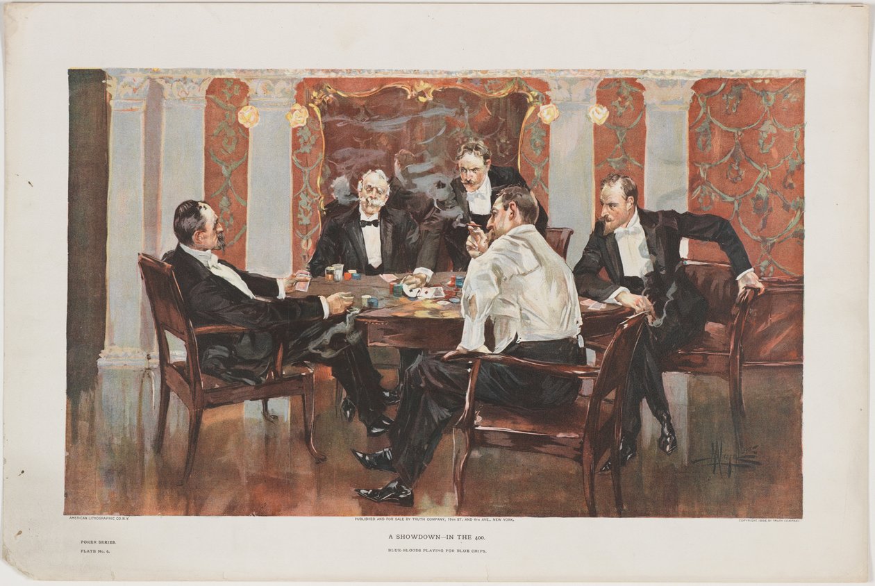 A Showdown - In the 400. Blue-Bloods Playing for Blue Chips, tallrik 6 från en pokerserie, pub. av Truth Company, New York, 1895 av Albert Beck Wenzell