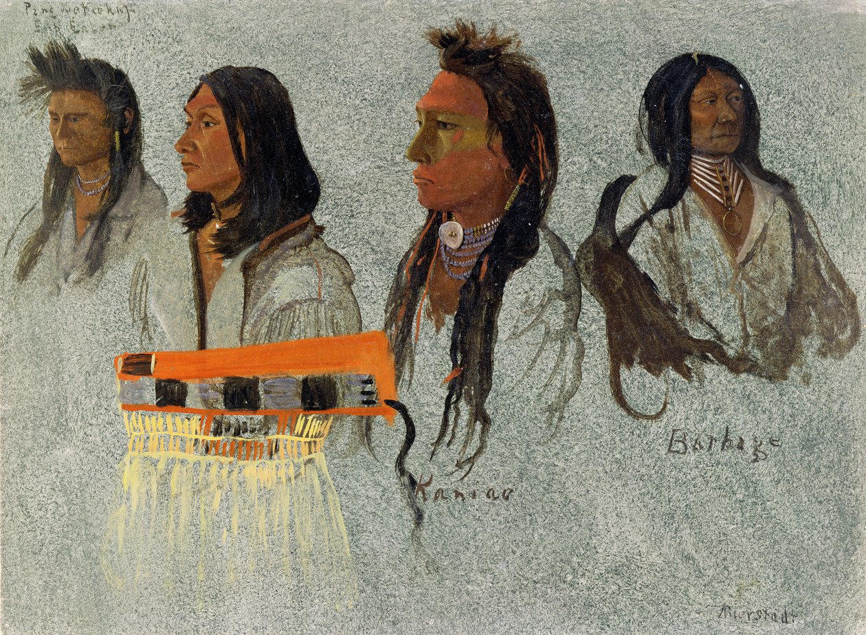 Fyra indianer (olja på grått papper) av Albert Bierstadt