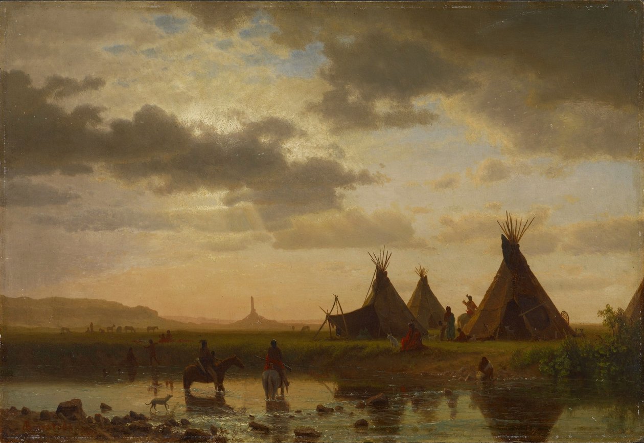 View of Chimney Rock, Ohalilah Sioux Village in the Foreground av Albert Bierstadt