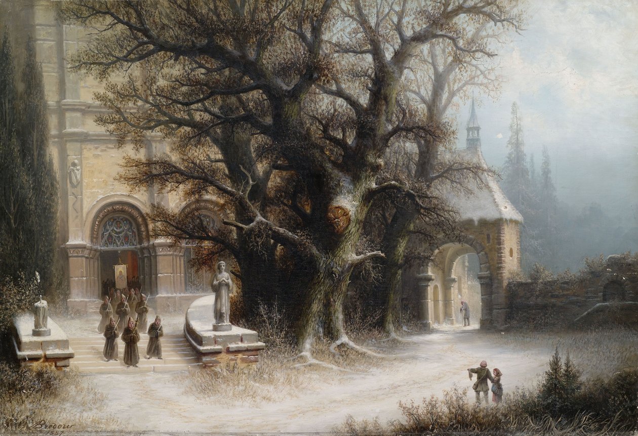 Prozession an einer verschneiten Klosteranlage av Albert Bredow