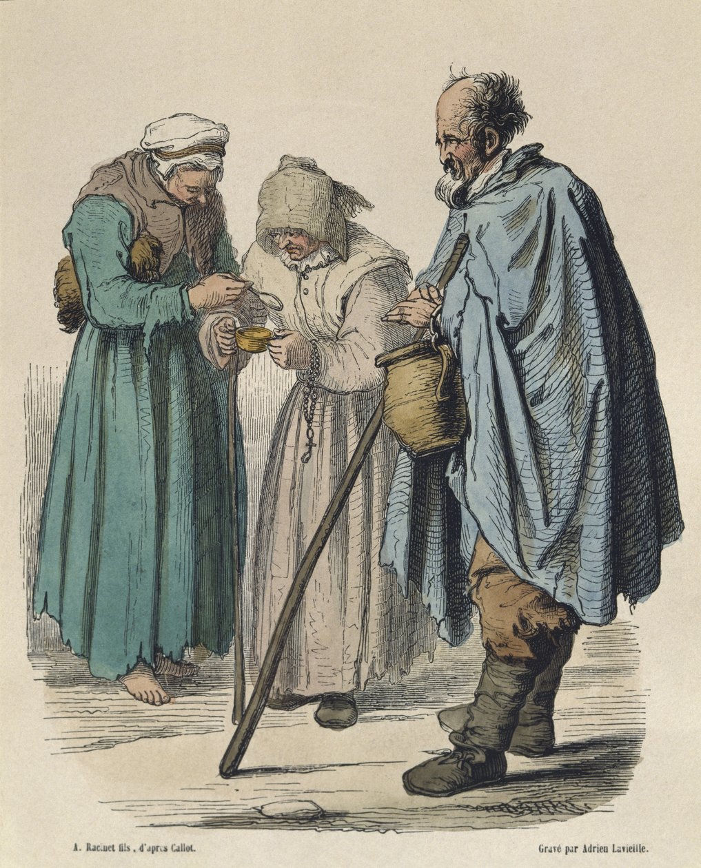 Tiggare, efter Jacques Callot (1592-1635) graverad av Adrien Lavieille (1818-62) (färgstick) av Albert Charles August Racinet