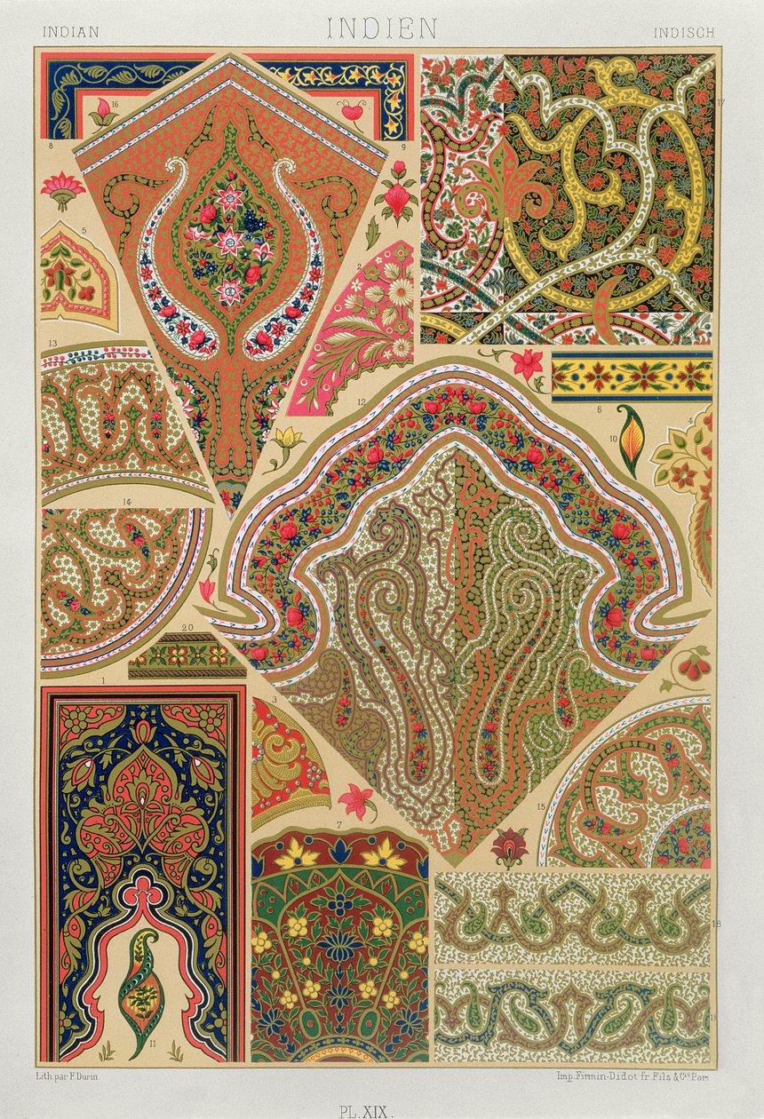 Indisk dekoration, tavla XIX från "Polychrome Ornament", graverad av F. Durin, publicerad i Paris 1869. av Albert Charles August Racinet