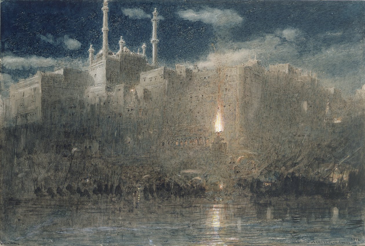 Benares av Moonlight, 1916 (penna & bläck med wc & kroppsfärg på papper) av Albert Goodwin