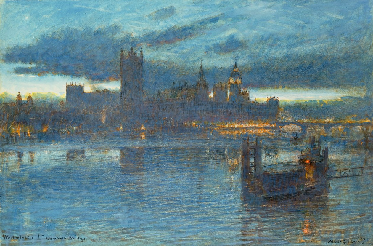 Westminster från Lambeth Bridge, 1912 (penna och bläck med wc på papper) av Albert Goodwin