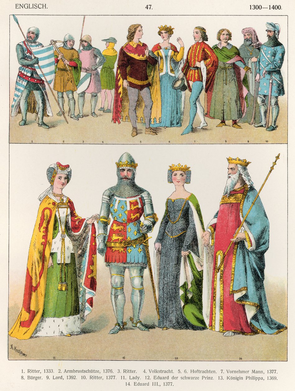 Engelsk klädsel, ca 1300-1400, från "Trachten der Voelker", 1864 av Albert Kretschmer