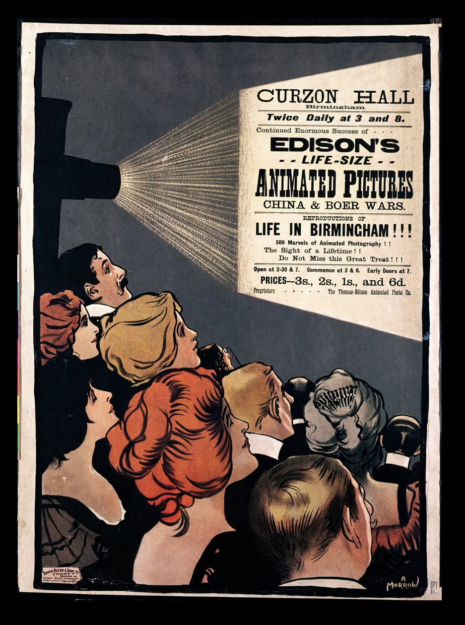 Affisch som annonserar Edisons animerade bilder i naturlig storlek, Kina och Boer Wars i Curzon Hall, Birmingham av Albert Morrow