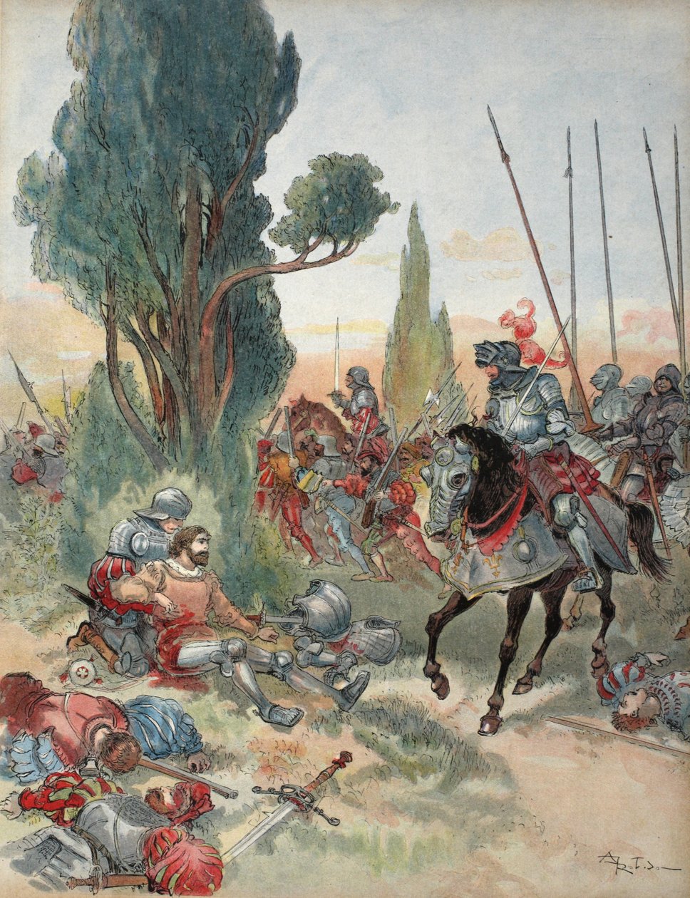 Bayards död, illustration från "Francois Ier: Le Roi Chevalier, av George G. Toudouze, pub. 1909 av Albert Robida