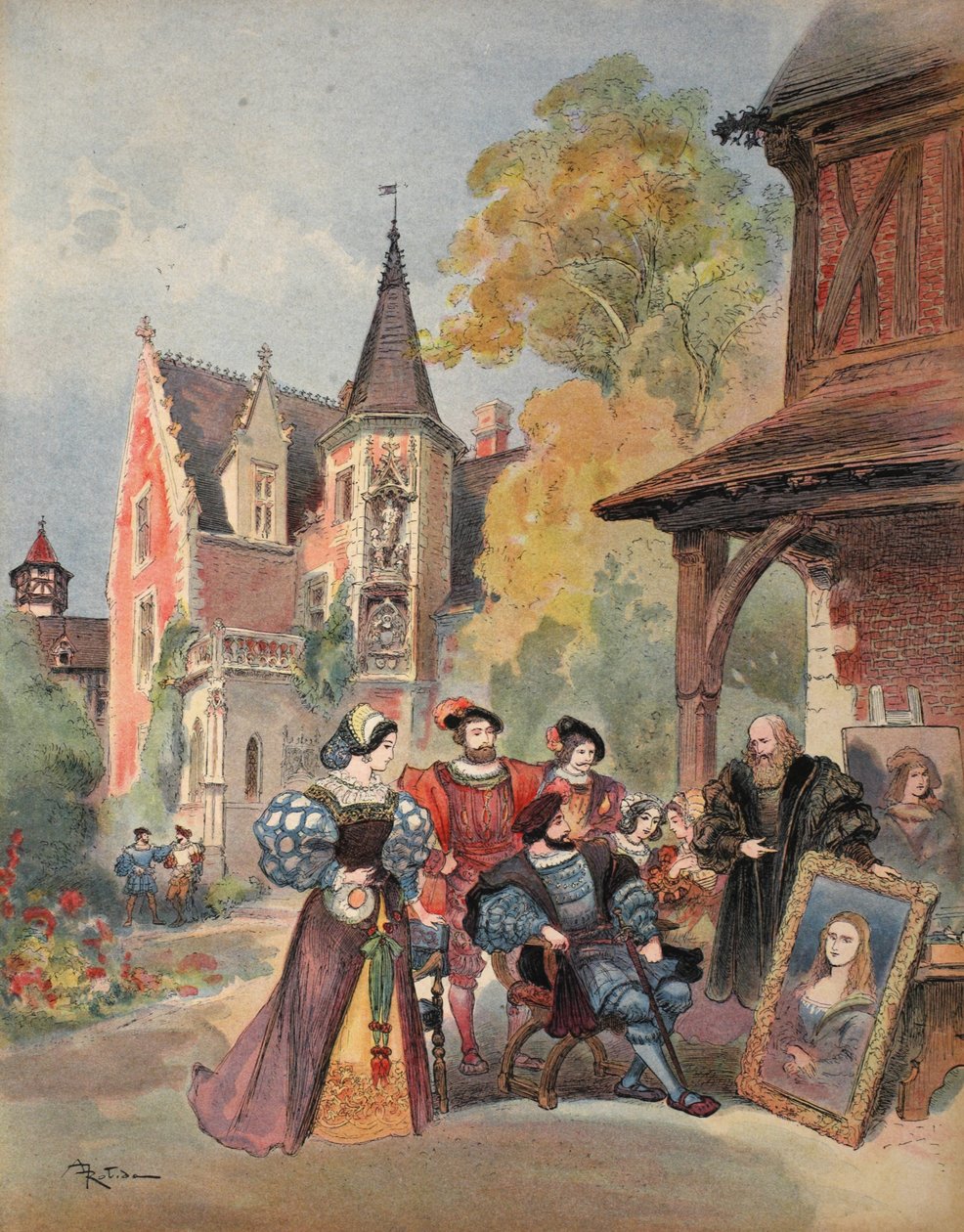 Leonardo da Vinci ger Mona Lisa till Francis I, illustration från 