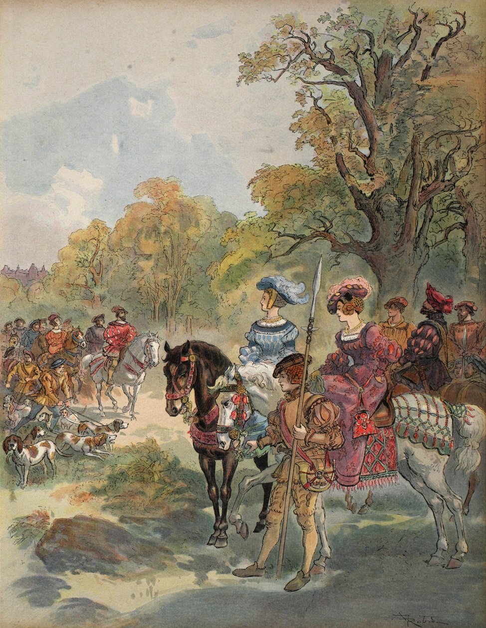 Kunglig jakt, illustration från "Francois Ier: Le Roi Chevalier, av George G. Toudouze, publicerad i Stockholm under namnet "Francois Ier, Le Roi Chevalier", av George G. Toudouze. 1909 av Albert Robida