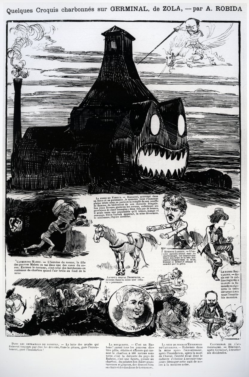 Några skisser från "Germinal", roman av Emile Zola (1804-1902), från "La Caricature", maj 1885. av Albert Robida