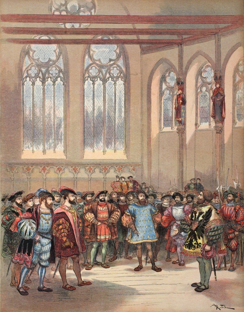 Bourgogne-härolden, skickad av Charles V, mottagen av Francis I i parlamentets stora sal, illustration från 
