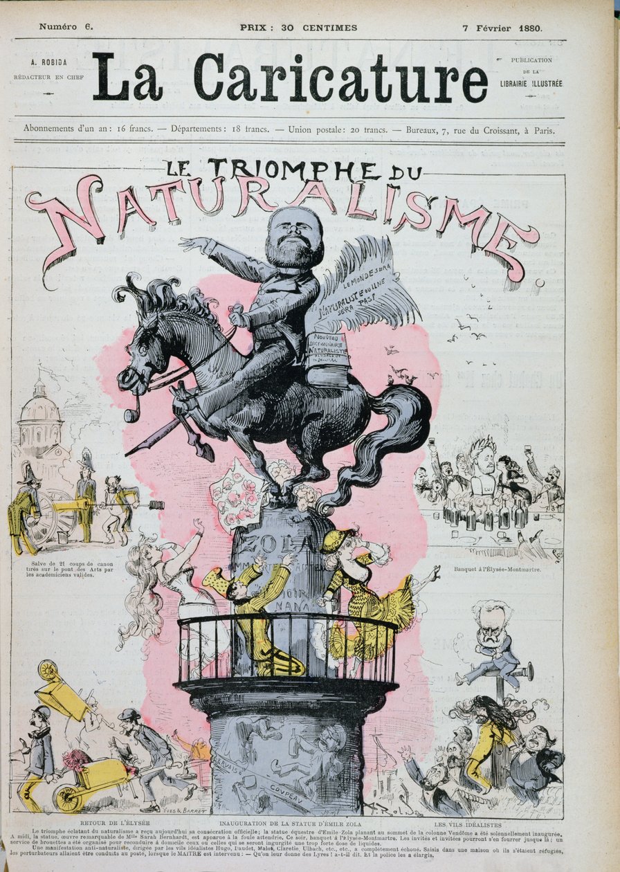 "Naturalismens triumf", karikatyr av Emile Zola (1840-1902), illustration från "La Caricature", 7 februari 1880. av Albert Robida