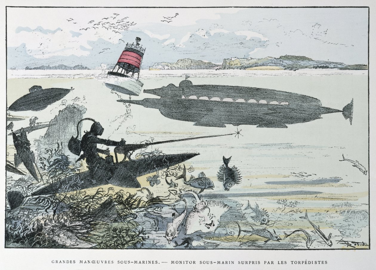 Undervattensmanövrer, från "Le XXeme Siecle, La Vie Electrique", ca 1890 av Albert Robida